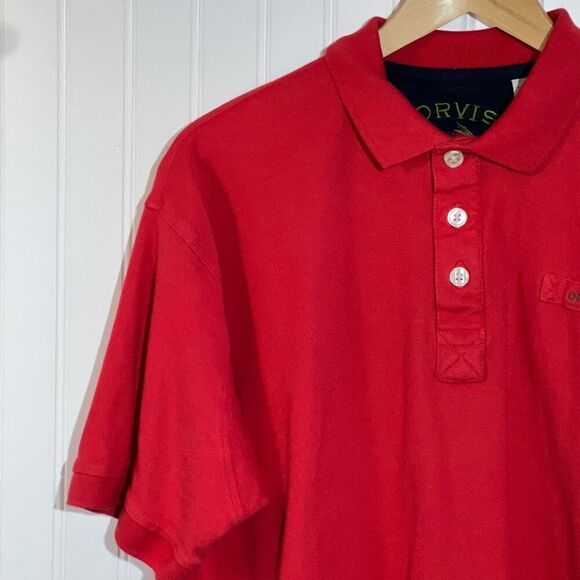 Orvis Polo Shirt Men Medium Red Solid Short Sleeve Cotton Golf Trout Bum Outdoor - Picture 2 of 6